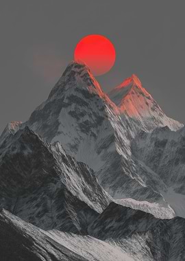 Red Sun Over Snowy Mountains