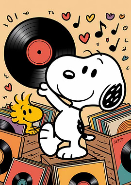 Snoopy and Woodstock with Vinyl Records