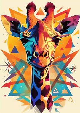 Colorful Giraffe Portrait with Geometric Background