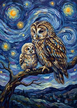 Owl Family Night Painting