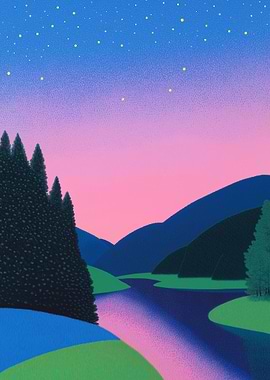 Starry Night Landscape with River