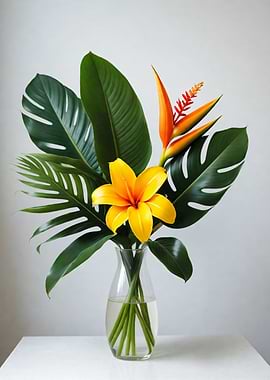 Tropical Flower Arrangement in Glass Vase