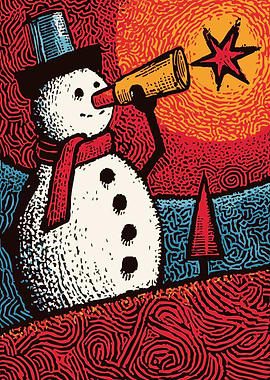 Snowman with Telescope Looking at Star