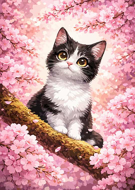 Cute Cat with Cherry Blossoms