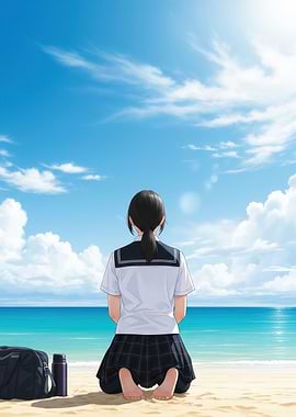 Anime Japanese School Girl at the Beach