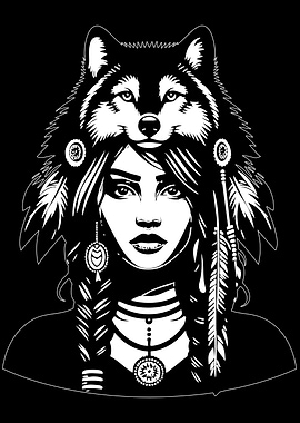 Native American Woman with Wolf Headdress