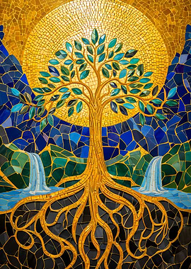 Mosaic Tree of Life with Waterfalls