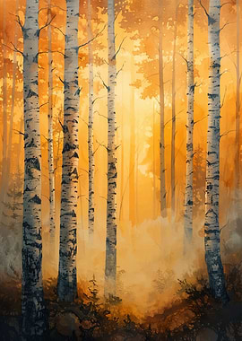 Golden Birch Forest Watercolor Painting
