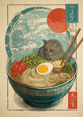 Cat in Ramen Bowl Japanese Art