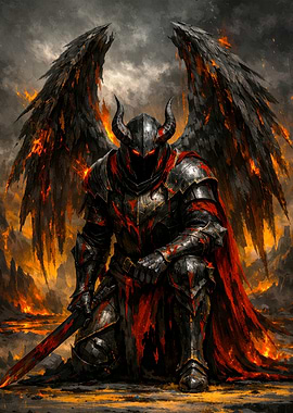 Winged Knight with Sword in Fiery Landscape
