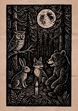Forest Animals Meeting Under Moonlight