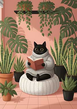 Cat Reading Book Surrounded by Plants