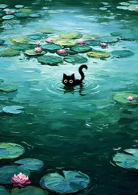 Curious Kitten in a Tranquil Lily Pond - curiosity meeting calm