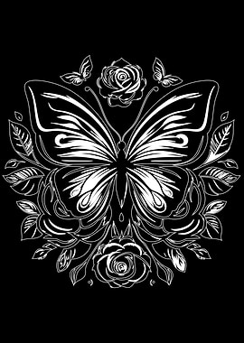 Butterfly and Roses Black and White