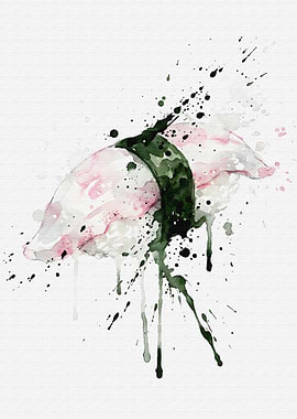 Ika Nigiri Sushi Watercolor Art with Ink Splatters