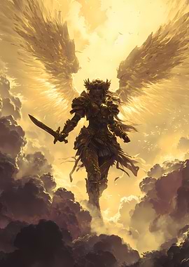 Golden Angel Warrior in the Clouds
