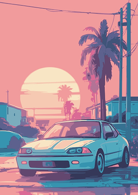 Vaporwave Car Scene Palm Trees Landscape