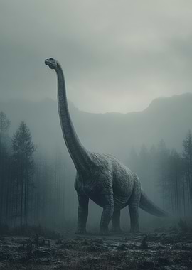 Dinosaur in Misty Forest Landscape
