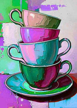 Stacked Tea Cups Colorful Abstract Art