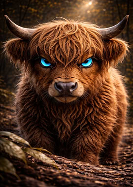 Highland Cow with Glowing Blue Eyes