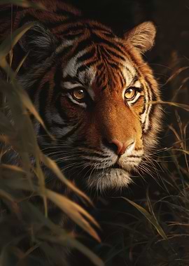 Tiger Portrait in Tall Grass