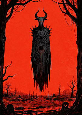 Floating dark horned figure in a graveyard