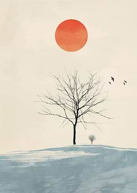 Winter Landscape with Sun and Trees