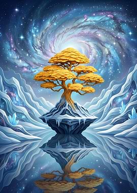 Frozen Celestial Golden Tree Under Cosmic sky Reflection