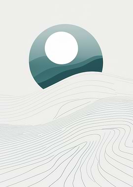 Minimal Moon Over Layered Dunes — Abstract Teal Landscape