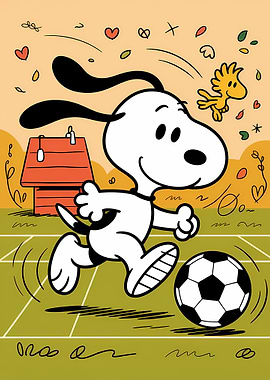 Snoopy playing soccer with Woodstock