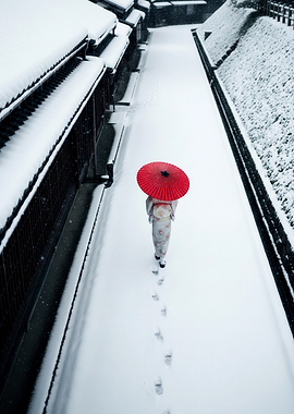 Japanese Woman in Kimono With Red Umbrella Walking Through Snowy Path