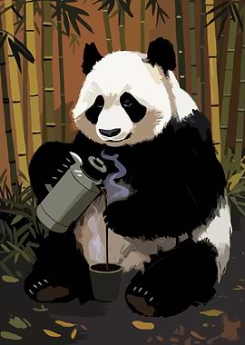 Panda pouring drink in bamboo forest