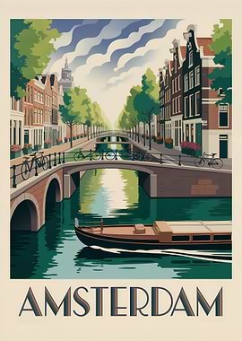 Amsterdam Canal Art Deco Illustration