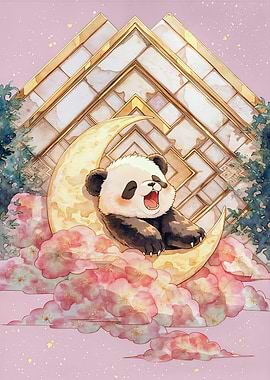 Cute Panda on Moon Watercolor Painting