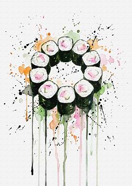 Watercolor Oshinko Maki Sushi Roll Circle