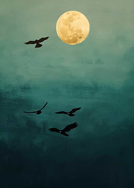 Birds Flying Under a Full Moon