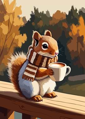 Squirrel with Coffee and Scarf