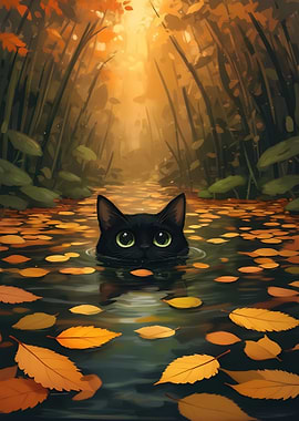 Black cat swimming in autumn leaves
