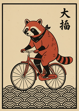Raccoon on Bicycle with Japanese Text