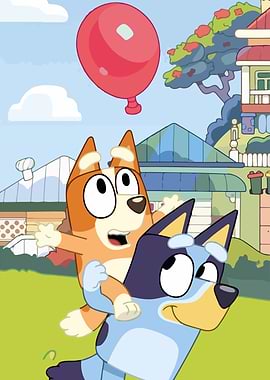 Bluey and Bingo with a balloon