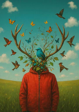 Surealis Nature Head with Birds and Butterflies