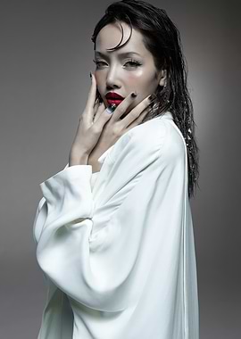 Woman in White Shirt with Red Lips Lisa