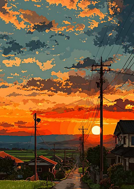 Sunset over a Japanese Village Road