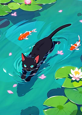 Black cat in a pond illustration