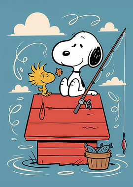 Snoopy and Woodstock Fishing Illustration