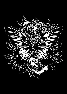 Butterfly and Roses Black and White