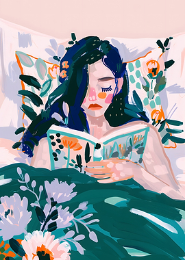 Woman Reading in Bed with Flowers