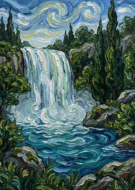 Waterfall Landscape Painting in Van Gogh Style