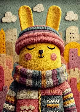 Cozy Knitted Bunny in Cityscape