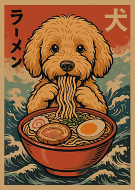 Golden Doodle Ramen Poster, Cute Japanese Dog Art Print, Anime Style Kitchen Wall Decor